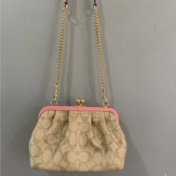 Signature Canvas Tan/Pink Colored Coach Bag. - Picture 2 of 4